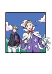  2boys 99akt1031 :d black_sweater blonde_hair border bow bowtie capelet clouds day eusine_(pokemon) gloves headband highres jacket long_sleeves male_focus morty_(pokemon) multiple_boys open_mouth outdoors pants pokemon pokemon_(game) pokemon_hgss purple_headband purple_jacket purple_scarf red_bow red_bowtie scarf shirt sky smile sweater white_border white_capelet white_gloves white_pants white_shirt 