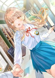  1girl :o absurdres aisare_tenshi_na_classmate_ga_ore_ni_dake_itazura_ni_hohoemu aqua_skirt blonde_hair blunt_bangs blush collared_shirt dress_shirt dutch_angle floating_hair high-waist_skirt highres holding_hands long_hair long_sleeves neck_ribbon novel_illustration official_art open_mouth pleated_skirt red_ribbon ribbon school_uniform second-party_source shirt shirt_tucked_in sidelocks skirt solo_focus storefront tan_(tangent) textless_version tile_floor tiles very_long_hair white_shirt yellow_eyes 