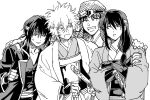  4boys ^_^ anger_vein annoyed arm_around_shoulder armor closed_eyes gintama greyscale grin headband highres japanese_armor japanese_clothes joui katsura_kotarou long_hair low-tied_long_hair male_focus monochrome multiple_boys sakamoto_tatsuma sakata_gintoki samurai sheath sheathed short_hair simple_background smile soldier takasugi_shinsuke ziyizhengjun 