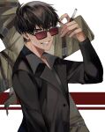  1boy black_eyes black_hair black_jacket black_shirt black_sleeves cigarette collared_shirt cross facial_hair grin hand_up highres holding holding_cigarette jacket looking_at_viewer male_focus mouth_hold nicholas_d._wolfwood shirt short_hair smile solo sunglasses teeth teeth_hold trigun trigun_stampede tte_(t_ombi) upper_body white_background 