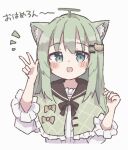  :d ahoge animal_ears black_bow black_bowtie black_sailor_collar blush bow bowtie capelet cat_ears cat_girl cat_hair_ornament center_frills colon_br cropped_torso fang frilled_capelet frills green_eyes green_hair grey_capelet hair_between_eyes hair_ornament hairclip hand_up long_hair long_sleeves looking_at_viewer notice_lines open_mouth original sailor_collar shirt sidelocks simple_background skin_fang smile straight-on straight_hair upper_body v white_background white_shirt 