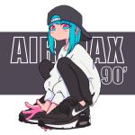  1girl air_max air_max_90 aqua_eyes aqua_hair arms_between_legs backwards_hat baseball_cap black_footwear black_leggings full_body grey_headwear hat highres leggings long_sleeves looking_at_viewer medium_hair nao97122 original pink_eyes product_placement shoes sneakers solo squatting streetwear sweater two-tone_eyes white_sweater 