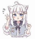  :d ahoge animal_ears black_bow black_bowtie black_sailor_collar blue_eyes blush bow bowtie capelet cat_ears cat_girl cat_hair_ornament center_frills colon_br cropped_torso fang frilled_capelet frills grey_capelet hair_between_eyes hair_ornament hairclip hand_up long_hair long_sleeves looking_at_viewer notice_lines open_mouth original sailor_collar shirt sidelocks simple_background skin_fang smile straight-on straight_hair upper_body v white_background white_hair white_shirt 