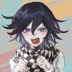  1boy :d angry black_hair checkered_clothes checkered_scarf clenched_hands danganronpa_(series) danganronpa_v3:_killing_harmony grey_jacket hands_up highres jacket long_sleeves looking_at_viewer male_focus multicolored_hair oma_kokichi portrait scarf smile solo teeth two-tone_hair upper_teeth_only violet_eyes xiangdao_jiu_wenyi_fuxing_yixia 