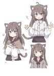  1girl absurdres ahoge animal_ear_fluff animal_ears black_ribbon blue_eyes blush_stickers brown_capelet brown_hair capelet cat_ears cat_tail center_frills colon_br cropped_torso dot_nose ears_down flying_sweatdrops frilled_capelet frilled_shirt frills grey_hoodie hair_between_eyes hair_ornament hairclip hand_on_own_leg highres hood hood_down hoodie long_hair long_sleeves looking_at_viewer multiple_views neck_ribbon original ribbon shirt sidelocks simple_background straight_hair tail white_background white_shirt 