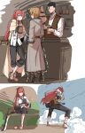  absurdres bar_(place) bartender brown_hair chest_guard chubb cloak collared_shirt crossed_legs cup eris_greyrat gloves highres holding holding_cup leaning_on_table mushoku_tensei red_eyes redhead robe rudeus_greyrat shirt shoes shoes_removed sitting sketch standing sweatdrop sword tiptoes trembling weapon 