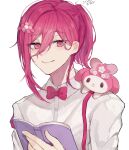  1boy animal_on_shoulder blue_lock book bow bowtie chigiri_hyoma closed_mouth collared_shirt flower hair_flower hair_ornament hand_up highres holding holding_book koumimi long_hair male_focus my_melody onegai_my_melody pink_bow pink_bowtie red_eyes redhead shirt simple_background smile suspenders upper_body white_background white_shirt 