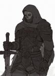  1boy absurdres armor call_of_duty call_of_duty:_modern_warfare_2 cape ghost_(modern_warfare_2) greyscale highres holding holding_sword holding_weapon hood hood_up hooded_cape male_focus mask monochrome pants simple_background skull_mask solo sword weapon white_background wormlonde 