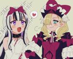  2girls :d andou_(sino_spkt) armor black_choker black_hair blonde_hair blue_eyes blunt_bangs bow choker dress drill_hair elbow_gloves eyelashes fire_emblem fire_emblem_engage gloves hair_bow hair_over_one_eye hat heart long_hair marni_(fire_emblem) multicolored_hair multiple_girls open_mouth own_hands_together purple_hair red_bow smile twin_drills upper_body veyle_(fire_emblem) violet_eyes white_dress white_gloves white_hair 