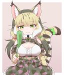  0x0082 1girl animal_ears bare_shoulders belt camouflage cat_ears cat_girl cat_tail elbow_gloves extra_ears fingerless_gloves gloves green_eyes grey_hair highres jungle_cat_(kemono_friends) kemono_friends kemono_friends_v_project long_hair looking_at_viewer microphone purple_background ribbon shirt simple_background skirt solo tail twintails virtual_youtuber 