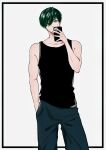  1boy bare_shoulders black_tank_top blue_lock commentary cowboy_shot green_eyes green_hair hand_in_pocket highres holding holding_phone itoshi_rin male_focus muymu phone short_hair solo tank_top 