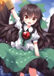  1girl arm_cannon bird_wings black_hair black_wings blush bow collared_shirt feathered_wings feet_out_of_frame frilled_skirt frills green_bow green_skirt hair_between_eyes hair_bow highres long_hair looking_at_viewer open_mouth puffy_short_sleeves puffy_sleeves red_eyes reiuji_utsuho ruu_(tksymkw) shirt short_sleeves skirt smile solo third_eye touhou weapon white_shirt wings 