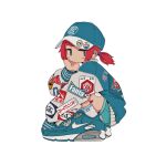  1girl air_max air_max_90 aqua_eyes aqua_footwear aqua_headwear aqua_jacket aqua_shorts badge bandaid bandaid_on_leg baseball_cap blush button_badge closed_mouth clothes_writing from_side hand_on_own_cheek hand_on_own_face hand_up hat highres jacket jitome looking_at_viewer looking_to_the_side nao97122 nike original outside_border patch redhead ribbed_socks shoes short_hair short_twintails shorts simple_background sneakers socks solo squatting streetwear twintails white_background white_sleeves white_socks 
