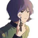  1boy closed_mouth drawing_on_own_face garma_zabi grey_eyes gundam holding holding_pen kimi_no_na_wa. long_sleeves male_focus military_uniform mobile_suit_gundam mobile_suit_gundam_the_origin parody pen purple_hair scene_reference short_hair simple_background solo tira_zhang unamused uniform white_background 