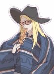  1boy blonde_hair blue_eyes cowboy_hat eating fate/grand_order fate_(series) food hat highres holding holding_food ikayaki long_hair male_focus orange-tinted_eyewear poncho simple_background solo sunglasses tezcatlipoca_(fate) thissideupplz tinted_eyewear upper_body white_background 