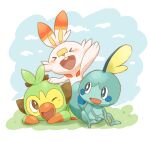  &gt;o&lt; arm_up blue_eyes blush bright_pupils brown_eyes buck_teeth closed_eyes clouds grookey hand_on_another&#039;s_head highres nostrils open_mouth outdoors pokemon pokemon_(creature) saudade_sn scorbunny sitting sobble starter_pokemon_trio teeth white_pupils 