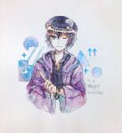  1other 21scorpii arrow_(symbol) arrow_print birthday black_bracelet black_hoodie black_shirt bracelet chinese_commentary closed_mouth commentary_request crossed_arms dated english_text happy_birthday hat hood hooded_jacket hoodie jacket jewelry len&#039;en one_eye_closed painting_(medium) pointing purple_hair purple_jacket shapes shirt shitodo_kuroji smile traditional_media upper_body violet_eyes watercolor_(medium) 