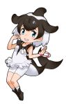  1girl black_hair bracelet cetacean_tail commerson&#039;s_dolphin_(kemono_friends) dolphin_girl dress fins fish_tail green_eyes jewelry kemono_friends leggings looking_at_viewer multicolored_hair necklace official_art open_mouth shoes short_hair simple_background socks solo tail two-tone_hair white_hair yoshizaki_mine 