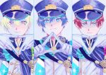  3boys amamine_shu blue_eyes blue_hair c.first_(idolmaster) cape collared_jacket collared_shirt column_lineup furrowed_brow gloves green_eyes hanazono_momohito hand_gesture hat highres idol idolmaster idolmaster_side-m idolmaster_side-m_growing_stars light_frown light_green_hair light_smile male_focus mayumi_eishin multiple_boys ninaman pink_eyes redhead serious shirt white_gloves 