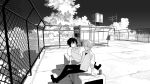  1boy 1girl can clouds collared_shirt food greyscale highres kushiro_yuu looking_afar looking_at_another monochrome original pants parted_lips popsicle rooftop shadow shirt short_hair sitting sky sleeves_rolled_up sweater_vest 