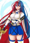  1girl alear_(female)_(fire_emblem) alear_(fire_emblem) blue_eyes blue_gloves blue_hair blue_skirt cape closed_mouth cowboy_shot crossed_bangs fire_emblem fire_emblem_engage garter_straps gloves hair_between_eyes hazuki_(nyorosuke) heterochromia highres holding holding_sword holding_weapon long_hair long_sleeves looking_at_viewer multicolored_hair red_eyes redhead skirt solo sword thigh-highs tiara two-tone_hair very_long_hair weapon 