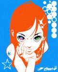  1girl blue_background blue_pupils flat_color gab_(gabellament) green_eyes hand_on_own_cheek hand_on_own_face heterochromia highres jewelry limited_palette nose_piercing original piercing pink_eyes pixel_art redhead ring solo star-shaped_pupils star_(symbol) symbol-shaped_pupils 