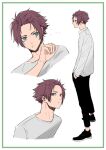  1boy black_pants blue_lock brown_hair closed_mouth commentary full_body green_eyes hand_in_own_hair highres itoshi_sae long_sleeves looking_at_viewer male_focus muymu pants shirt short_hair sideways_glance simple_background standing upper_body white_background white_shirt 