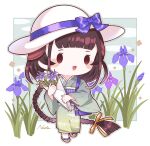  1girl black_hair blue_bow blue_flower blush bouquet bow braid braided_ponytail chibi flower full_body green_kimono hat hat_bow highres holding holding_bouquet japanese_clothes kantai_collection kimono long_hair long_sleeves multicolored_hair nada_namie obi open_mouth purple_flower sash signature solo sun_hat very_long_hair white_headwear wide_sleeves yamashio_maru_(kancolle) 