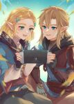  1boy 1girl blonde_hair blue_eyes braid gloves hair_ornament hairclip handheld_game_console highres holding holding_handheld_game_console link long_hair nintendo_switch playing_games pointy_ears princess_zelda seri_(yuukasakura) sidelocks smile the_legend_of_zelda the_legend_of_zelda:_tears_of_the_kingdom 