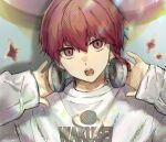  1boy blue_lock braid hands_up headphones kurona_ranze long_sleeves looking_at_viewer male_focus open_mouth red_eyes redhead short_hair side_braid single_braid sleeves_past_wrists slit_pupils solo squr11608 sweater teeth upper_body upper_teeth_only white_sweater 