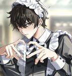  1boy alternate_costume apron black_hair black_shirt black_sleeves closed_mouth commentary daenarys dan_heng_(honkai:_star_rail) finger_heart green_eyes hair_between_eyes honkai:_star_rail honkai_(series) long_sleeves looking_at_viewer maid_apron maid_headdress male_focus shirt short_hair solo symbol-only_commentary 