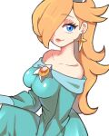  1girl aqua_dress bare_shoulders bbycheese blonde_hair blue_eyes breasts brooch collarbone dress earrings feet_out_of_frame hair_over_one_eye highres jewelry long_hair off-shoulder_dress off_shoulder rosalina smile solo star_(symbol) star_brooch star_earrings super_mario_bros. 