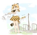  1girl animal_ears bare_arms bare_legs bare_shoulders barefoot black_bow black_bowtie blonde_hair blush bow bowtie brown_hair clothesline fur_collar jaguar_(kemono_friends) jaguar_ears jaguar_girl jaguar_print jaguar_tail kemono_friends laundry multicolored_hair ohyo pleated_skirt print_skirt shirt short_hair skirt solo tail tank_top translation_request white_fur white_hair white_shirt yellow_eyes 