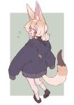  1girl absurdres animal_ear_fluff animal_ears animal_hood bandaid bandaid_on_cheek bandaid_on_clothes bandaid_on_face black_footwear black_hoodie blonde_hair blush border commentary_request double_bun film_grain flower_(symbol) fox_ears fox_girl fox_tail from_behind full_body green_background hair_bun highres hood hood_down hoodie kneehighs loafers long_sleeves looking_back megateru nose_blush open_mouth original outside_border red_eyes shoes short_hair sideways_mouth simple_background sleeve_cuffs sleeves_past_fingers sleeves_past_wrists smile socks solo standing tail white_border white_socks 