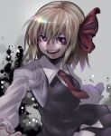  1girl ascot black_vest blonde_hair bright_pupils commentary_request grey_background hair_between_eyes hair_ribbon long_sleeves looking_at_viewer nio_(meple_nio) open_mouth red_ascot red_eyes red_ribbon ribbon rumia shirt short_hair simple_background solo teeth touhou upper_body vest white_pupils white_shirt 