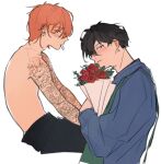  2boys arm_tattoo black_pants blue_sweater bouquet ear_piercing earrings flower given holding holding_bouquet jewelry male_focus multiple_boys multiple_piercings neck_tattoo orange_hair pants pevellynee piercing rose satou_mafuyu short_hair sweater tattoo topless_male uenoyama_ritsuka white_background 