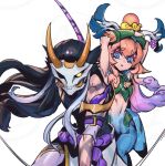  1boy 1girl animal_ears antlers bare_shoulders black_hair blonde_hair blue_eyes breasts centaur character_request colored_skin hair_between_eyes hair_ornament horned_mask horse_girl league_of_legends lillia_(league_of_legends) long_hair mask multicolored_hair parted_lips phantom_ix_row shan_hai_scrolls_lillia simple_background taur teeth white_background 