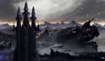  castle cliff dusk evening fantasy grey_sky highres kgt_(pixiv12957613) landscape mountainous_horizon nature no_humans original outdoors scenery sky snow snowing 