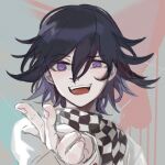  1boy :d black_hair checkered_clothes checkered_scarf danganronpa_(series) danganronpa_v3:_killing_harmony grey_jacket hand_up highres jacket long_sleeves male_focus multicolored_background multicolored_hair oma_kokichi portrait scarf smile solo teeth two-tone_hair upper_teeth_only violet_eyes xiangdao_jiu_wenyi_fuxing_yixia 