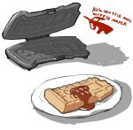  assault_rifle bullpup chocolate_syrup english_text food gun hamsta magazine_(weapon) no_humans original plate rifle shadow simple_background sketch steyr_aug waffle waffle_maker weapon white_background 