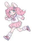  1girl animal_ears blue_eyes blush bow clenched_hands commentary_request fake_animal_ears full_body hair_bow hair_ornament long_hair long_sleeves looking_at_viewer nishikawa_nika original pink_footwear pink_hair pink_sailor_collar pink_skirt rabbit_ears running sailor_collar school_uniform serafuku shirt shoes simple_background skirt socks solo star_(symbol) star_hair_ornament twintails white_background white_shirt white_socks 