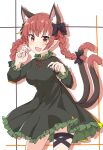  1girl :3 :d animal_ear_fluff animal_ears black_bow bow breasts cat_ears cat_tail commentary contrapposto cowboy_shot dress drop_shadow extra_ears fang grey_dress hair_bow hair_ribbon hands_up highres kaenbyou_rin large_breasts long_hair long_sleeves looking_at_viewer multiple_tails nekomata paw_pose pointy_ears red_eyes redhead ribbon smile solo tail tail_raised toramaru2001710 touhou tress_ribbon two_tails 