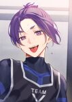  1boy artist_name blue_lock commentary dekkaimabushi english_text highres looking_at_viewer male_focus mikage_reo open_mouth purple_hair soccer_uniform solo sportswear sweat teeth thick_eyebrows tongue tongue_out upper_body upper_teeth_only violet_eyes 