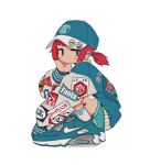  1girl air_max air_max_90 aqua_eyes aqua_footwear aqua_headwear aqua_jacket aqua_shorts badge bandaid bandaid_on_leg baseball_cap blush button_badge closed_mouth clothes_writing from_side hand_on_own_cheek hand_on_own_face hand_up hat highres jacket jitome looking_at_viewer looking_to_the_side nao97122 nike original outside_border patch redhead ribbed_socks shoes short_hair short_twintails shorts simple_background sneakers socks solo squatting streetwear twintails white_background white_sleeves white_socks 