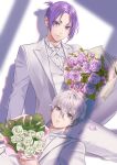  2boys black_eyes blue_lock bouquet closed_mouth collared_shirt cowboy_shot cst flower formal highres holding holding_bouquet jacket lap_pillow long_sleeves looking_at_viewer lying male_focus mikage_reo multiple_boys nagi_seishirou on_back pants purple_flower purple_hair shirt short_eyebrows short_hair short_ponytail sitting smile suit vest violet_eyes white_background white_flower white_hair white_jacket white_pants white_shirt white_suit white_vest 