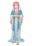  1girl blue_kimono circlet ebinku fire_emblem fire_emblem:_thracia_776 fur-trimmed_kimono fur_collar fur_trim highres japanese_clothes kimono linoan_(fire_emblem) long_hair long_sleeves looking_at_another obi own_hands_together pink_eyes pink_hair sandals sash simple_background smile solo white_background wide_sleeves 