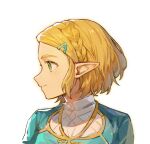  1girl blush braid closed_mouth crown_braid green_eyes green_shirt hair_ornament hairclip highres looking_to_the_side parted_bangs portrait princess_zelda profile shirt simple_background smile solo the_legend_of_zelda the_legend_of_zelda:_tears_of_the_kingdom white_background wufaxianshi_cnd 