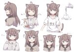  1girl :t =3 absurdres ahoge animal_ear_fluff animal_ears black_ribbon blue_eyes blush_stickers brown_capelet brown_hair capelet cat_ears cat_tail center_frills collarbone colon_br cropped_torso dot_nose ears_down expressions frilled_shirt frills from_side grey_hoodie hair_between_eyes hair_ornament hairclip highres hood hood_down hoodie long_hair long_sleeves looking_at_viewer multiple_views neck_ribbon original pout print_shirt ribbon shirt sidelocks simple_background straight_hair tail white_background white_shirt 