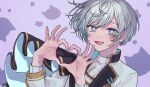  1boy :d blue_eyes blush commentary_request earrings grey_hair hair_between_eyes hands_up heart heart_hands ichitose_(itt_fr) jacket jewelry long_sleeves looking_at_viewer male_focus michan_(utaite) open_mouth oshi_no_ko real_life shirt short_hair smile solo star-shaped_pupils star_(symbol) symbol-shaped_pupils upper_body white_jacket white_shirt 