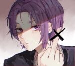  1boy black_shirt blue_lock closed_mouth grey_background hand_up highres jewelry koumimi looking_at_viewer male_focus middle_finger mikage_reo mouth_hold necklace purple_hair shirt short_eyebrows short_hair solo upper_body violet_eyes 